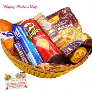 Basket of Variety - Haldiram Namkeen, Oreo Cookies, 1 Snickers, 1 Twix, Pringles Wafers, Ferrero Rocher 4 pcs, Fox Crystal Clear and card