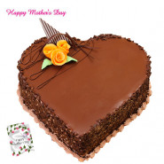Chocolate Cake - Chocolate Heart Shaped Cake 2 Kg and Mother's Day Greeting Card