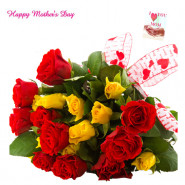 Red N Yellow Bunch - 18 Red and Yellow Roses Bunch and Mother's Day Greeting Card
