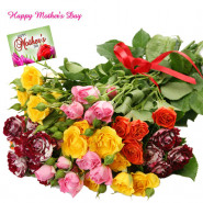 Multi Coloured Bunch - 60 Mix Roses Bunch and Mother's Day Greeting Card