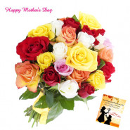Mix Colour Bunch - 18 Multi Coloured Roses Bunch and Mother's Day Greeting Card