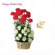White N Red Basket - 15 White Roses and 15 Red Carnations Basket and card