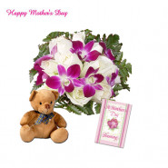 Purple N White Love - 6 Purple Orchids + 12 White Roses, Teddy 6" and card