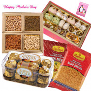 Royal Gift For Mom - Kaju Mix 1 Kg, Assorted Dryfruit Box 400 gms, 2 Haldiram Namkeen 150 gms each, Ferrero Rocher 16 pcs and Card