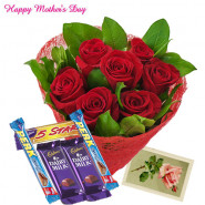 20 Red Roses Bouquet, 5 Cadbury Chocolates and Card