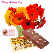Bouquet 15 Yellow And Red Gerberas, Assorted Sweet Box 500 Gms and Card