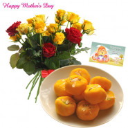 20 Red And Yellow Roses Bouquet, Kesar Penda 500 Gms and Card