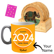Foodie's Delight - Wooden Tea Coaster, Happy New Year Mug, Kanpoori Laddo 250 gms & Card