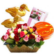 Fresh Garden - 35 Mix Roses Basket + Mandarin Ducks + Cashew Magic