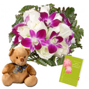 Cute as You - 6 Purple Orchids & 12 White Roses + Teddy 6" + Card