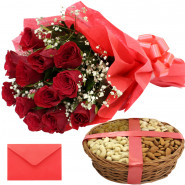 Perfect for All - Bunch of 10 Red Roses, Mixed Dryfruits Basket 200 gmss & Card