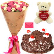 Pink & White Forest - 10 Pink & White Roses Bunch, Teddy 6 inch, Black Forest Cake 1/2 kg + Card