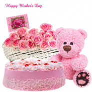 Pink Hamper - 30 Pink Roses in Basket, Strawberry Cake 1/2 Kg , Pink Teddy 6" and Card