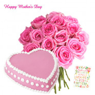 Pink Delight - Bouquet of 15 Pink Roses, Strawberry Heart Cake 1 kg and Card