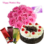 Pink Treat - 30 Pink Roses, 4 Temptations , 1/2 kg Black Forest Cake and Card