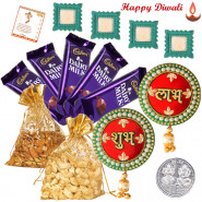 Potli Treat - 2 Dry Fruit Pouches 100 gms, 5 Dairy Milk Bars, Mango Shubh Labh with 4 Diyas and Laxmi-Ganesha Coin