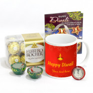 Happy Diwali Personalised Photo Mug, Ferrero Rocher 16 Pcs with 2 Diyas and Laxmi-Ganesha Coin