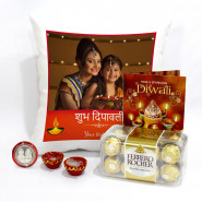Shuba Deepavali Personalised Photo Cushion, Ferrero Rocher 16 Pcs with 2 Diyas and Laxmi-Ganesha Coin