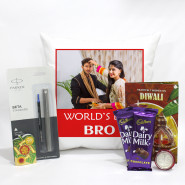 World's Best Bro Personalized Photo Cushion, Parker Pen, 2 Dairy Milk with Bhaidooj Tikka and Laxmi-Ganesha Coin
