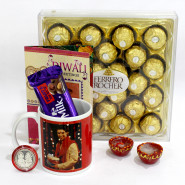 Happy Diwali Personalised Photo Mug, Ferrero Rocher 24 Pcs, Dairy Milk Fruit & Nut with 2 Diyas and Laxmi-Ganesha Coin