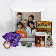 Happy Diwali Personalised Photo Mug, Happy Diwali Personalised Photo Cushion, Photo Key Chain, 5 Dairy Milk with 2 Diyas and Laxmi-Ganesha Coin