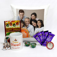 Happy Diwali Personalised Photo Mug, Happy Diwali Personalised Photo Cushion, Photo Key Chain, 5 Dairy Milk with 2 Diyas and Laxmi-Ganesha Coin