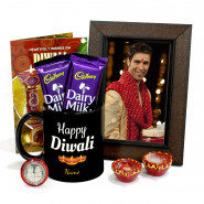 Happy Diwali Personalised Photo Black Mug, Personalised Photo Frame, 2 Dairy Milk with 2 Diyas and Laxmi-Ganesha Coin