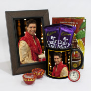 Happy Diwali Personalised Photo Black Mug, Personalised Photo Frame, 2 Dairy Milk with 2 Diyas and Laxmi-Ganesha Coin