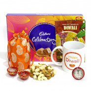 Happy Diwali Personalised Photo Mug, Assorted Dryfruits in Potli (D), Cadbury Celebrations with 2 Diyas and Laxmi-Ganesha Coin