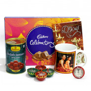 Happy Diwali Personalised Photo Mug, Cadbury Celebrations, Haldiram Gulab Jamun with 4 Diyas and Laxmi-Ganesha Coin