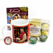 Happy Diwali Personalised Photo Mug, Ferrero Rocher 16 Pcs with 2 Diyas and Laxmi-Ganesha Coin