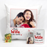 Best Wife in the World Personalized Photo Mug, Best Wife in the World Personalized Photo Cushion, Photo Keychain with Roli Chawal and Card