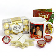 Happy Diwali Personalised Photo Mug, Ferrero Rocher 16 Pcs, Kaju Katli with 2 Diyas and Laxmi-Ganesha Coin