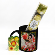 Happy Karwa Chauth Personalized Black Photo Mug, Ferrero Rocher 4 Pcs with Roli Chawal and Card