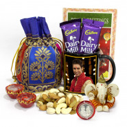 Happy Diwali Personalised Photo Black Mug, Assorted Dryfruits in Potli (D), Ganesh Idol, 2 Dairy Milk with 2 Diyas and Laxmi-Ganesha Coin