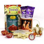 Happy Diwali Personalised Photo Mug, Kaju Katli, Gulab Jamun 500 gms, Ganesh Idol, 2 Dairy Milk with 2 Diyas and Laxmi-Ganesha Coin