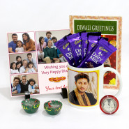 Happy Diwali Personalised Photo Mug, Wishing you a Very Happy Diwali Personalised Photo Tile, 5 Dairy Milk with 2 Diyas and Laxmi-Ganesha Coin