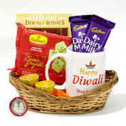 Happy Diwali Personalised Photo Mug, Soan Papdi, 2 Dairy Milk in Basket with 2 Diyas and Laxmi-Ganesha Coin