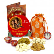 Happy Depavali Personalised Photo Clock, Assorted Dryfruits 200 gms in Potli (D) with 2 Diyas and Laxmi-Ganesha Coin