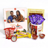 Happy Diwali Personalised Photo Clock, Happy Depavali Personalised Photo Mug, 5 Dairy Milk, 2 Five Star, 2 Kitkat with 2 Diyas and Laxmi-Ganesha Coin