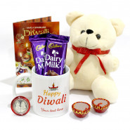 Happy Diwali Personalised Photo Mug, Teddy 6 inch, 2 Dairy Milk with 2 Diyas and Laxmi-Ganesha Coin