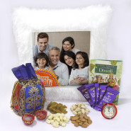 Happy Diwali Personalised LED Photo Cushion, Assorted Dryfruits in Potli (D), 5 Dairy Milk with 2 Diyas and Laxmi-Ganesha Coin