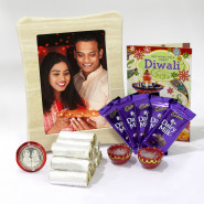 Personalised Photo LED Frame, Kaju Anjir Roll, 5 Dairy Milk with 2 Diyas and Laxmi-Ganesha Coin