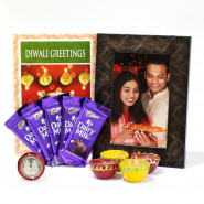 Personalized Photo Frame, 5 Dairy Milk with 4 Diyas and Laxmi-Ganesha Coin