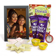 Personalized Photo Frame, Kaju Katli, 2 Dairy Milk with 2 Diyas and Laxmi-Ganesha Coin