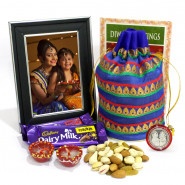 Personalized Photo Frame, Assorted Dryfruits 200 gms in Potli (D), Dairy Milk Crackle & Fruit & Nut with 2 Diyas and Laxmi-Ganesha Coin