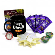 Happy Diwali Personalised Photo Mug, Kaju Katli, 5 Dairy Milk with 2 Diyas and Laxmi-Ganesha Coin