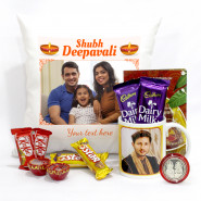 Happy Diwali Personalised Photo Mug, Shuba Deepavali Personalised Photo Cushion, 2 Dairy Milk, 2 Five Star, 2 Kit Kat with 2 Diyas and Laxmi-Ganesha Coin