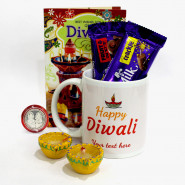 Happy Diwali Personalised Photo Mug, Dairy Milk Crackle & Fruit & Nut with 2 Diyas and Laxmi-Ganesha Coin
