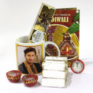 Happy Diwali Personalised Photo Mug, Kaju Anjir Roll, Ferrero Rocher 4 Pcs with 2 Diyas and Laxmi-Ganesha Coin